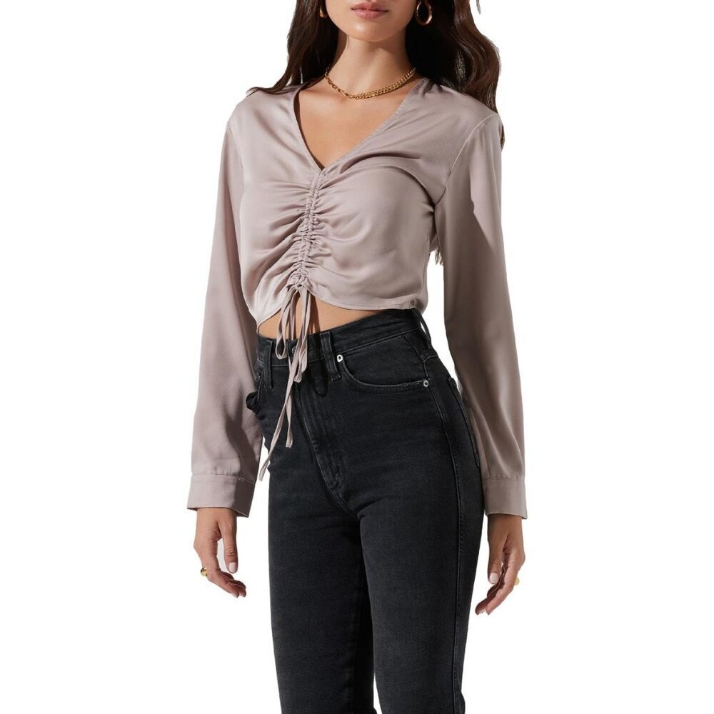 ASTR the label Satin Ruched Cropped Blouse Mushroom Small New Years Party Shiny - Picture 2 of 8
